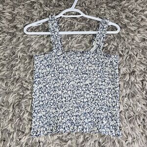 Old Navy Womens Small Blue White Floral Smocked Ruffle Strap Tank Top 856254-01